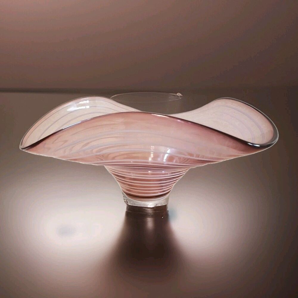 Swirl Purple Art Glass Bowl Stripe Freeform Wave Jellyfish Flowing Decor 12"x6"